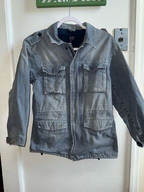 Gap Kids Hickory Stripe Denim Utility Field Jacket Blue White XL 12